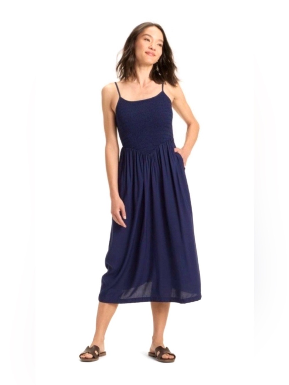 A New Day Smocked V-Waist Navy Midi Dress